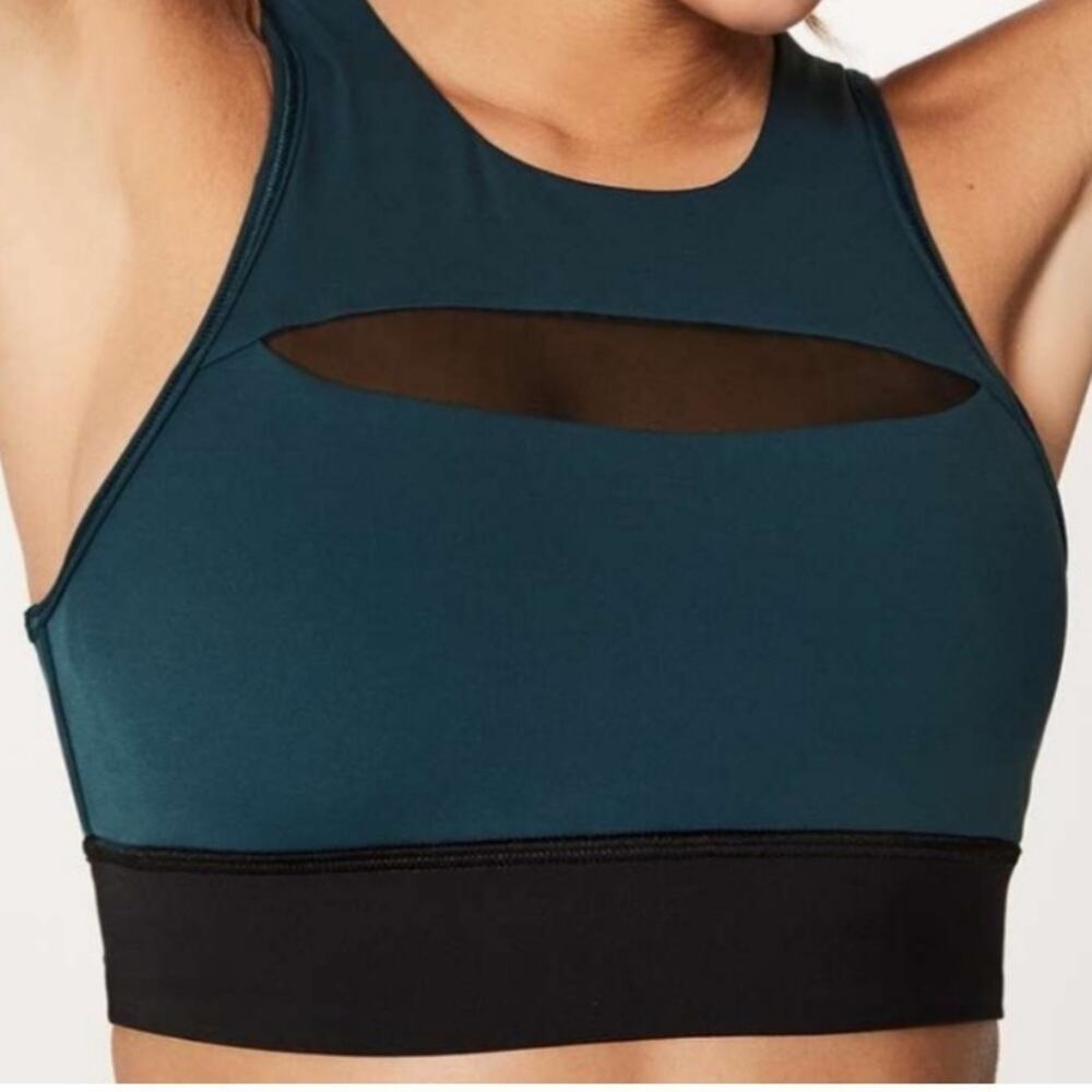 LULULEMON Run The Day Bra Submarine Teal Black Mesh Strappy Size 4